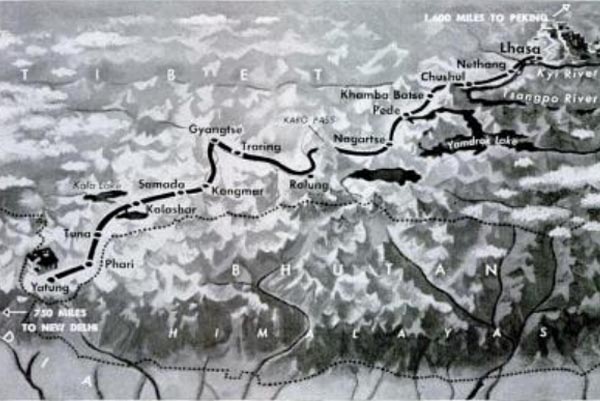 Map showing route of Dalai Lama's flight