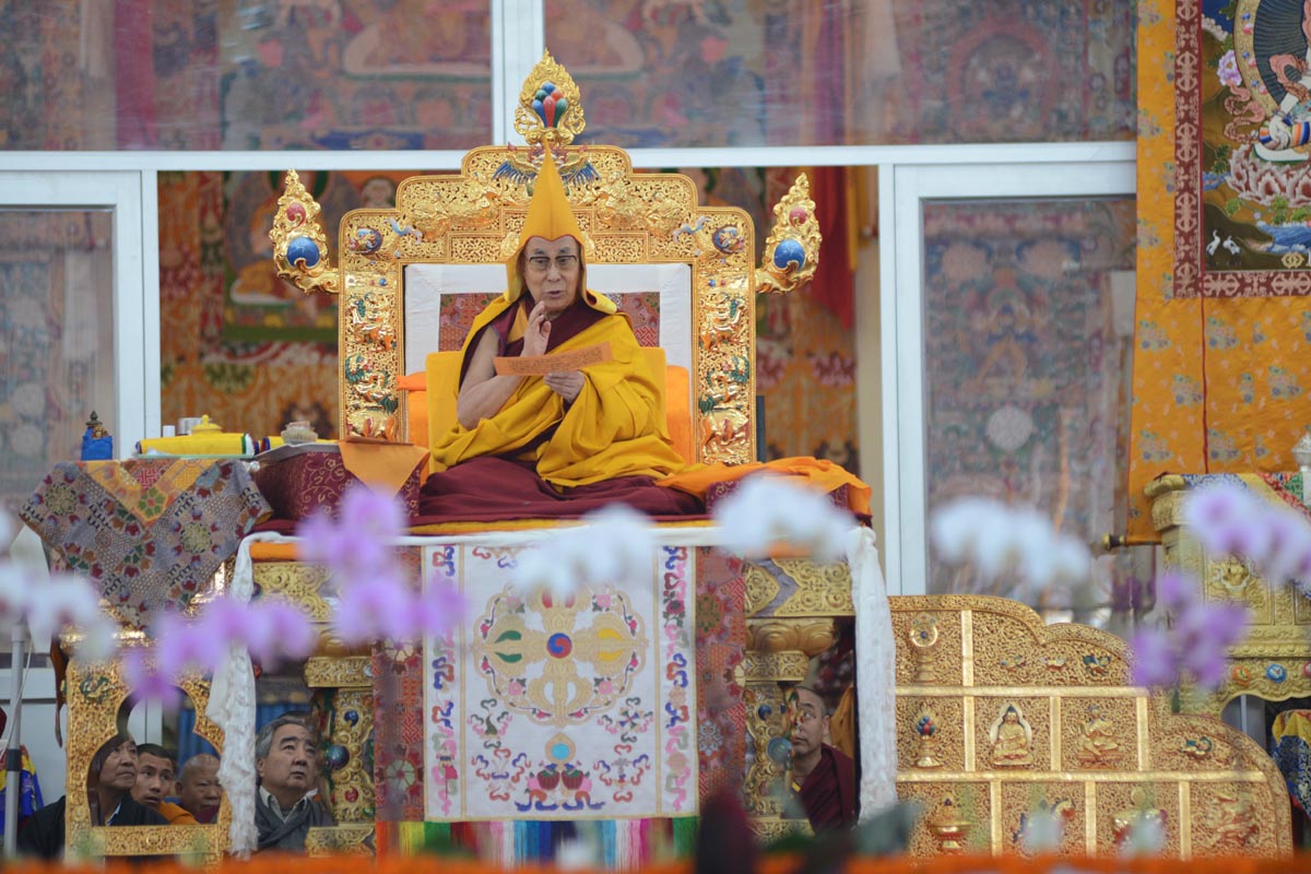 Tibetan spiritual leader Dalai Lama prays during the long-life prayer held for him after conferring the Kalachakra Empowerment in Bodh Gaya, India, on 14 January 2017.