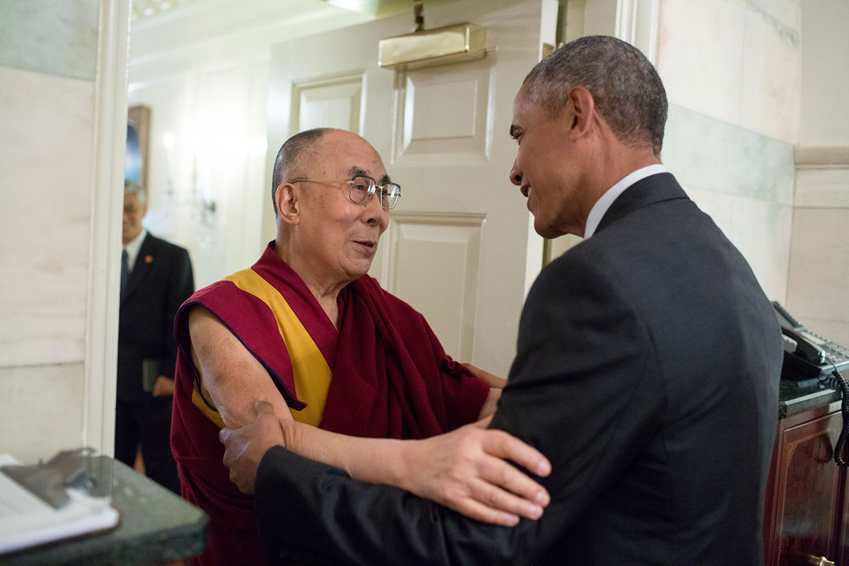 US President Barack Obama greets exiled Tibetan spiritual leader the Dalai Lama at the entrance of the Map Room of the White House in Washington DC on 15 June 2016. 