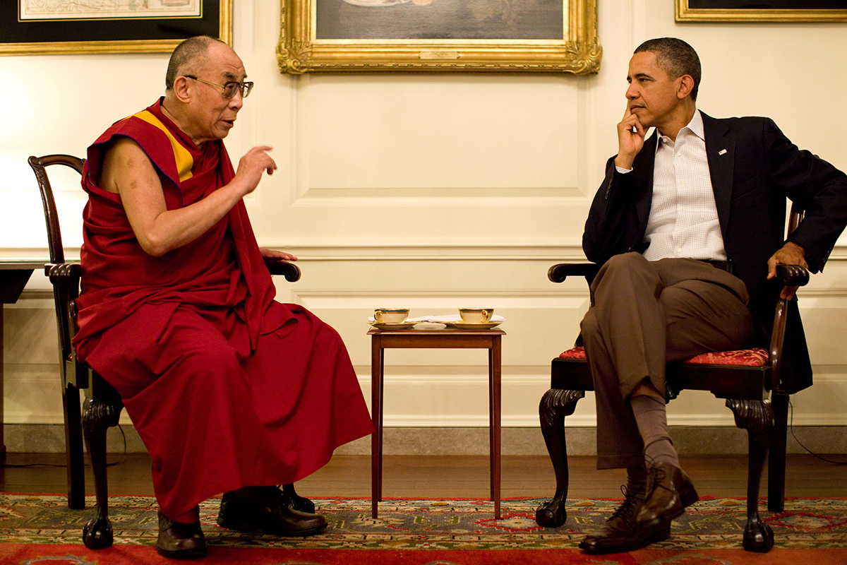 US President Barack Obama meets with the Dalai Lama in the Map Room of the White House, Washington DC, on 16 July 2011.