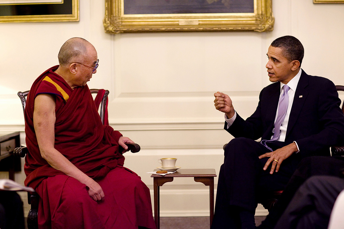 US President Barack Obama meets with the Dalai Lama in the Map Room of the White House, Washington DC, on 18 February 2010. 