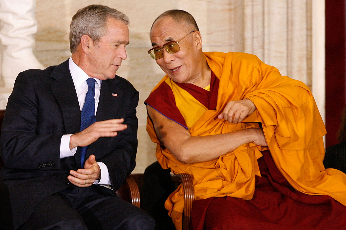 US President George W Bush talks with the Dalai Lama before he received the Congressional Gold Medal in the US Capitol Rotunda in Washington, DC, on 17 October 2007 . President Bush participated in the ceremony despite Beijing's strong disapproval of the recognition for the 72-year-old exiled leader from Tibet.