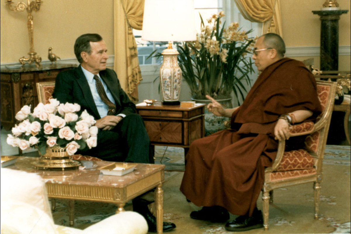 US President George HW Bush meets with the Dalai Lama at the White House in Washington, DC, on 16 April 1991. It was the first time that a US president meets with the Dalai Lama.