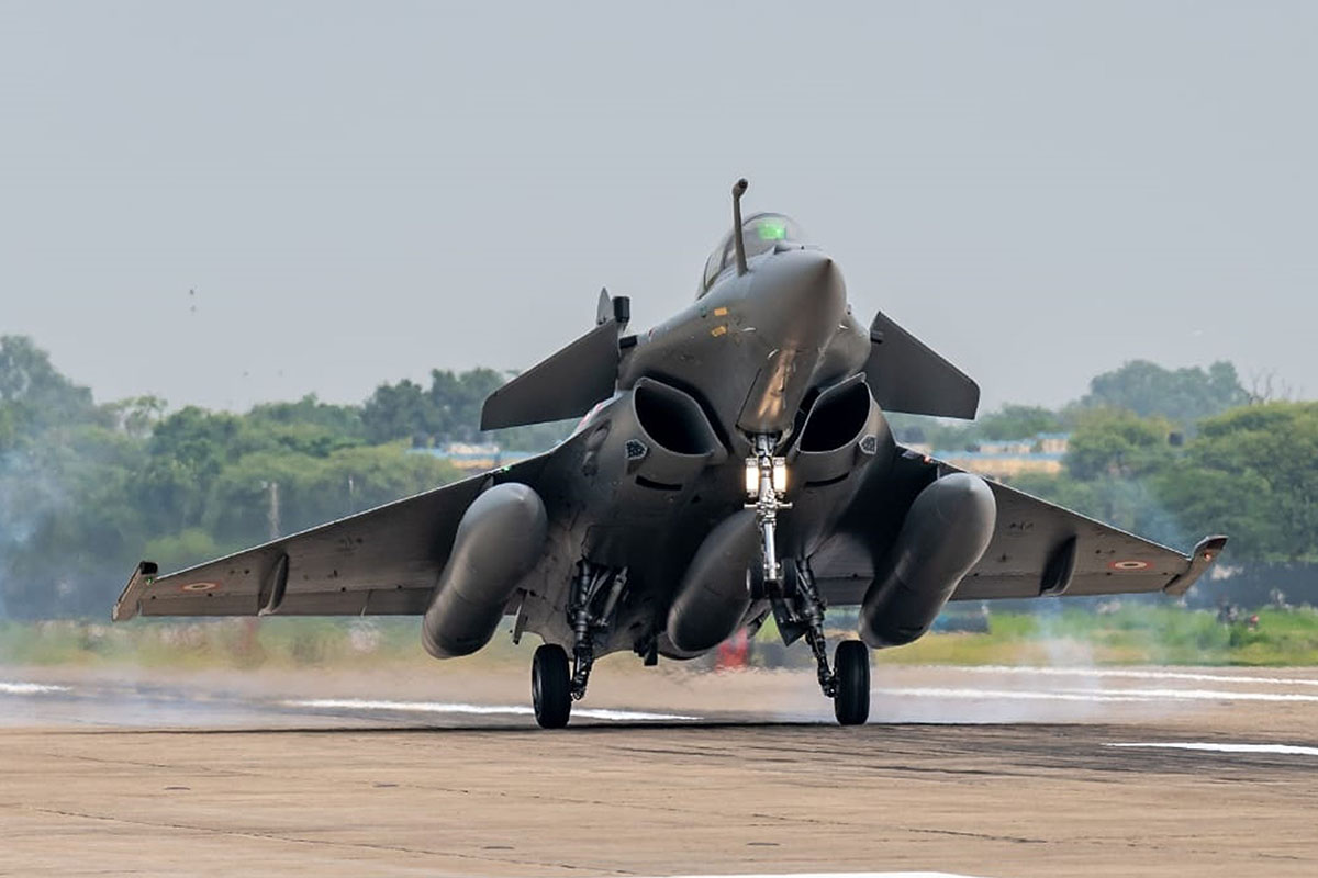 This photograph provided by the Indian Air Force shows a Rafale fighter jet landing at Air Force Station in Ambala, India, on 29 July 2020. A first batch of five French-made Rafale fighter jets arrived at an Indian air force base on Wednesday, Indian officials said.