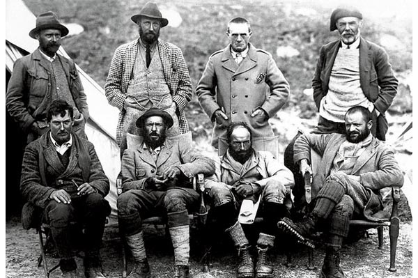 The 1921 expedition, standing, from left, Sandy Wollaston, Charles Howard Bury, AM Heron and Harold Raeburn: sitting, from left, Georges Mallory, EO Wheeler, Guy Bullock and HT Morshead.