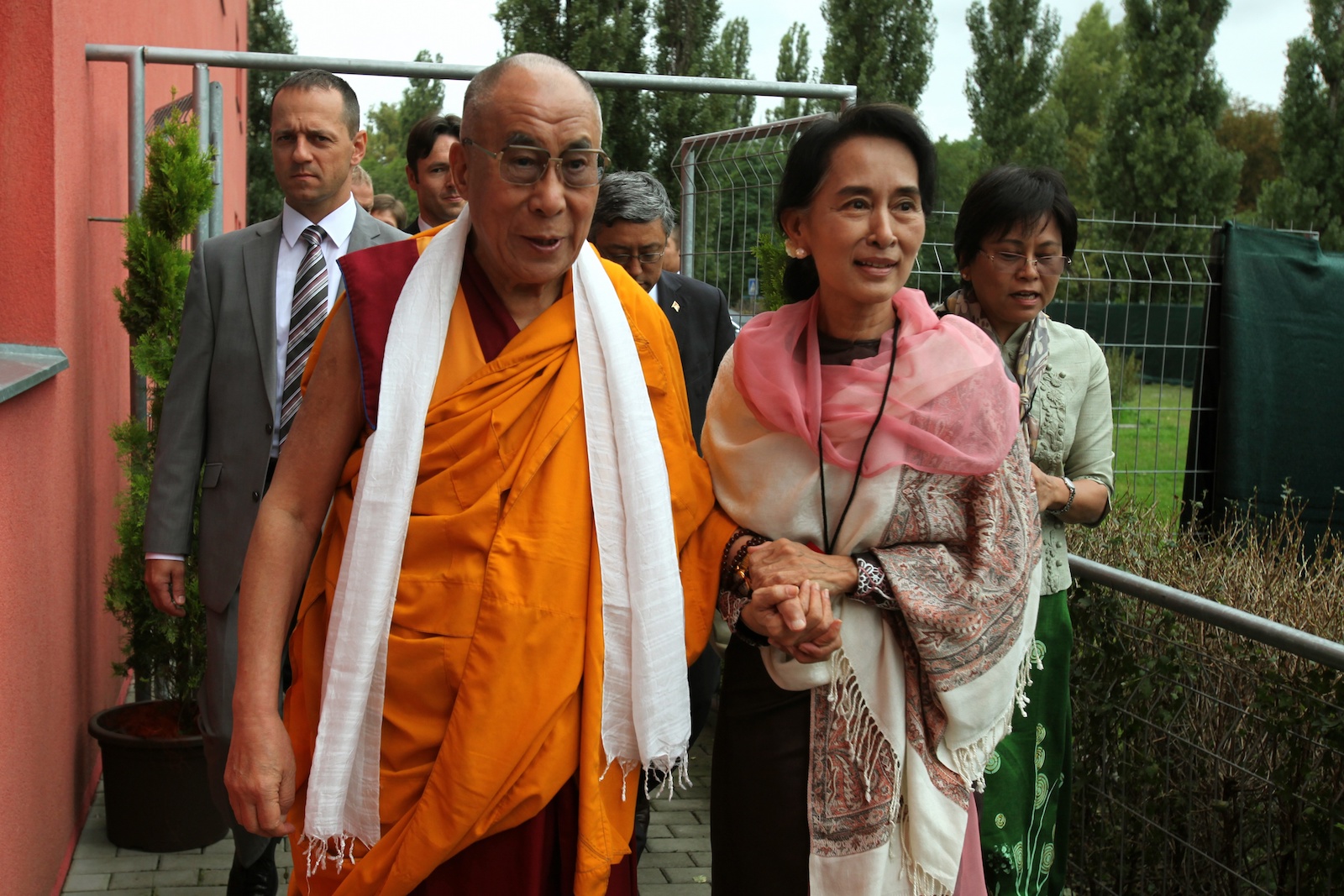 The Dalai Lama and then Myanmar opposition leader Aung San Suu Kyi prior to a private meeting on 15 September 2013, in Prague, Czech Republic.
