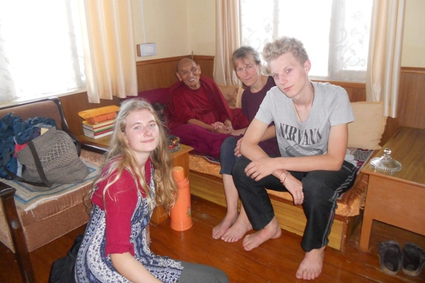 Francisca Van Holthoon and her children with Palden Gyatso in McLeod Ganj in 2017.