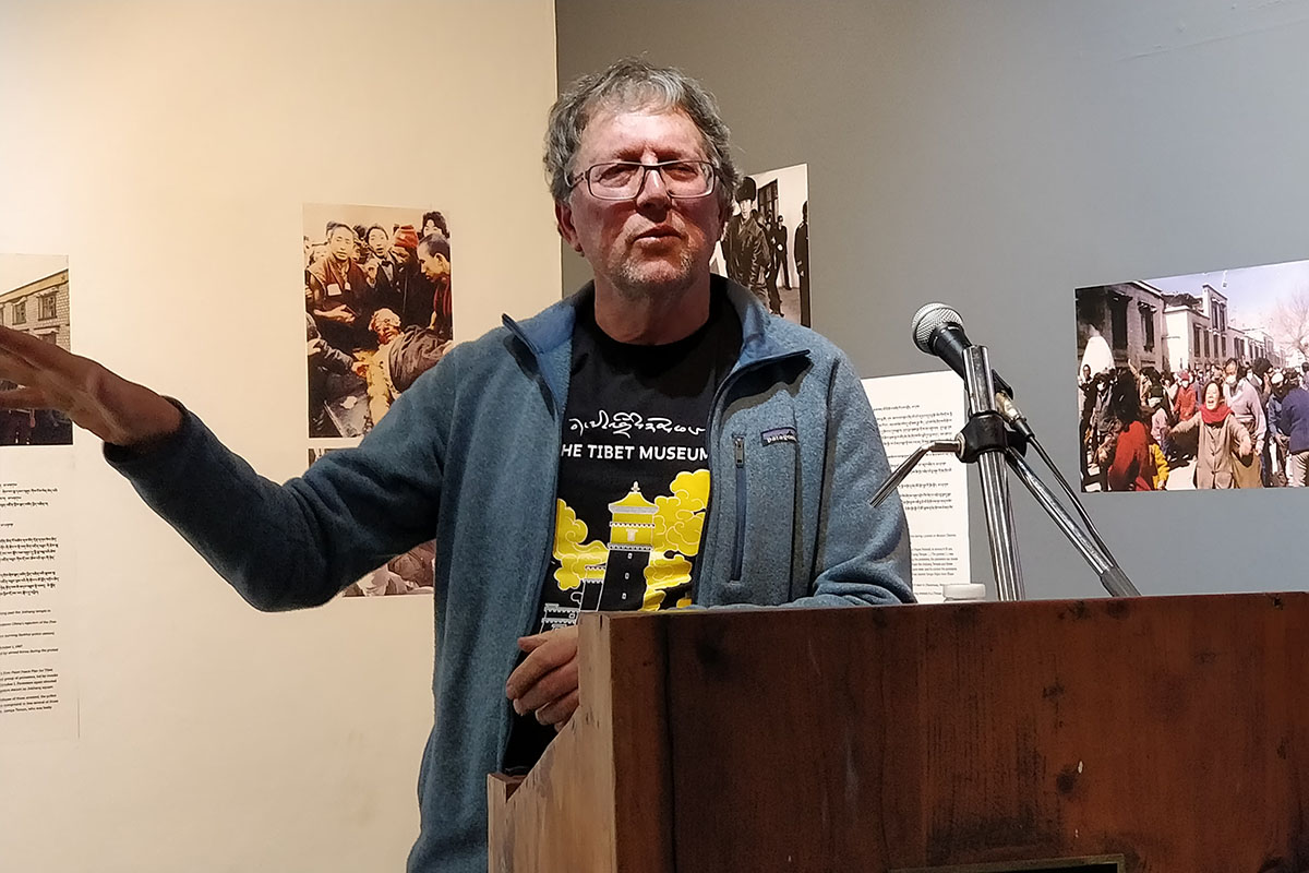 Michael Buckley, author of _Meltdown in Tibet_, speaks during a presentation on World Water Day, at Tibet Museum in McLeod Ganj, India, on 22 March 2019.