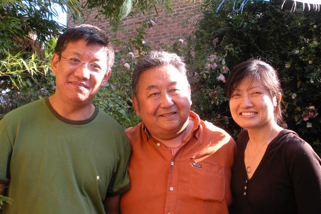 The author Tseten Wangchuk (left), Kasho Jamyang Choegyal (center), and Tashi Rabgey during their meeting in London in 2013.