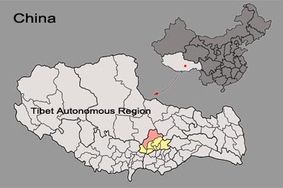Location of Damshung County (pink) and Lhasa prefecture (yellow) within Tibet Autonomous region of China.