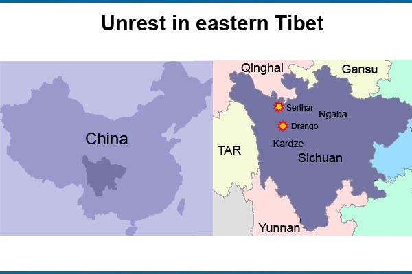 Map showing the Tibetan-inhabited areas of Drango and Serthar under lockdown.