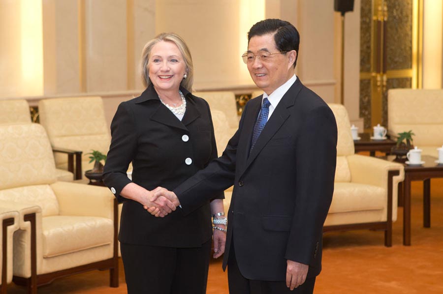 Chinese President Hu Jintao meets US Secretary of State Hillary Clinton at the Great Hall of the People in Beijing, China, on 5 September 2012.