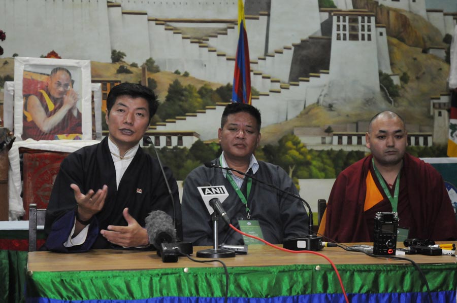 Sikyong of the Central Tibetan Administration, Lobsang Sangay, speaking during a press conference in Dharamshala, India, 