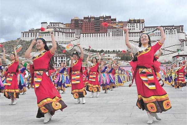 Tibetan performers perform in Lhasa