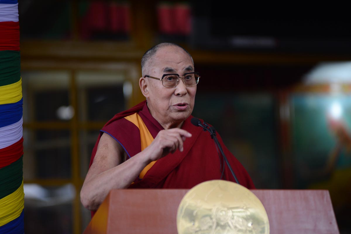 Dalai Lama speaks during a commemoration event marking 25 years since he was awarded the Nobel Peace Prize.