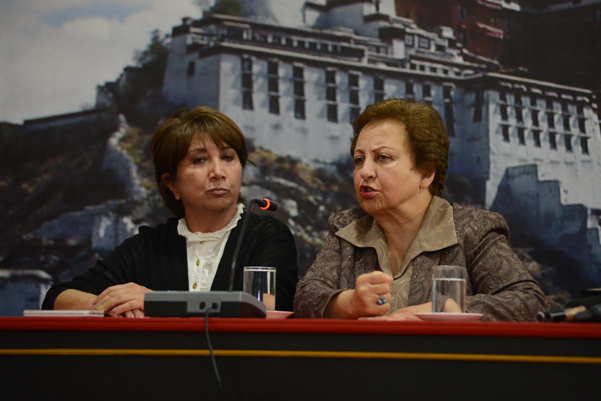 Iranian Nobel peace laureate Shirin Ebadi answers a question from a journalist in Dharamshala, India, on 1 October 2014.
