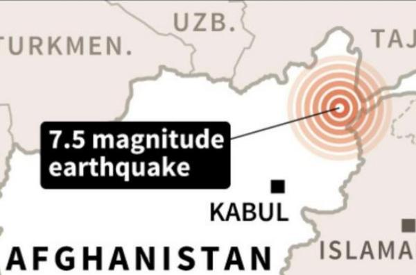 Map of Afghanistan locating epicentre of earthquake on 26 October 2015.