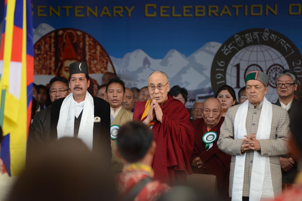 The Dalai Lama attends the 100th anniversary celebration of Men-Tsee-Khang in McLeod Ganj, India, on 23 March 2016. Himachal Pradesh Ayurveda Minister Karan Singh (left) and Forest Minister Thakur Singh Bharmouri attended the function.