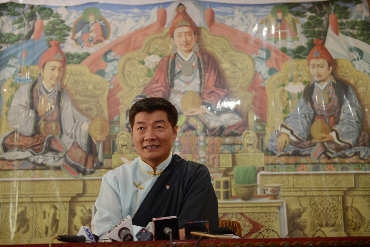 Sikyong Lobsang Sangay smiles while meeting the press after election results were declared in Dharamshala, India, on 27 April 2016.