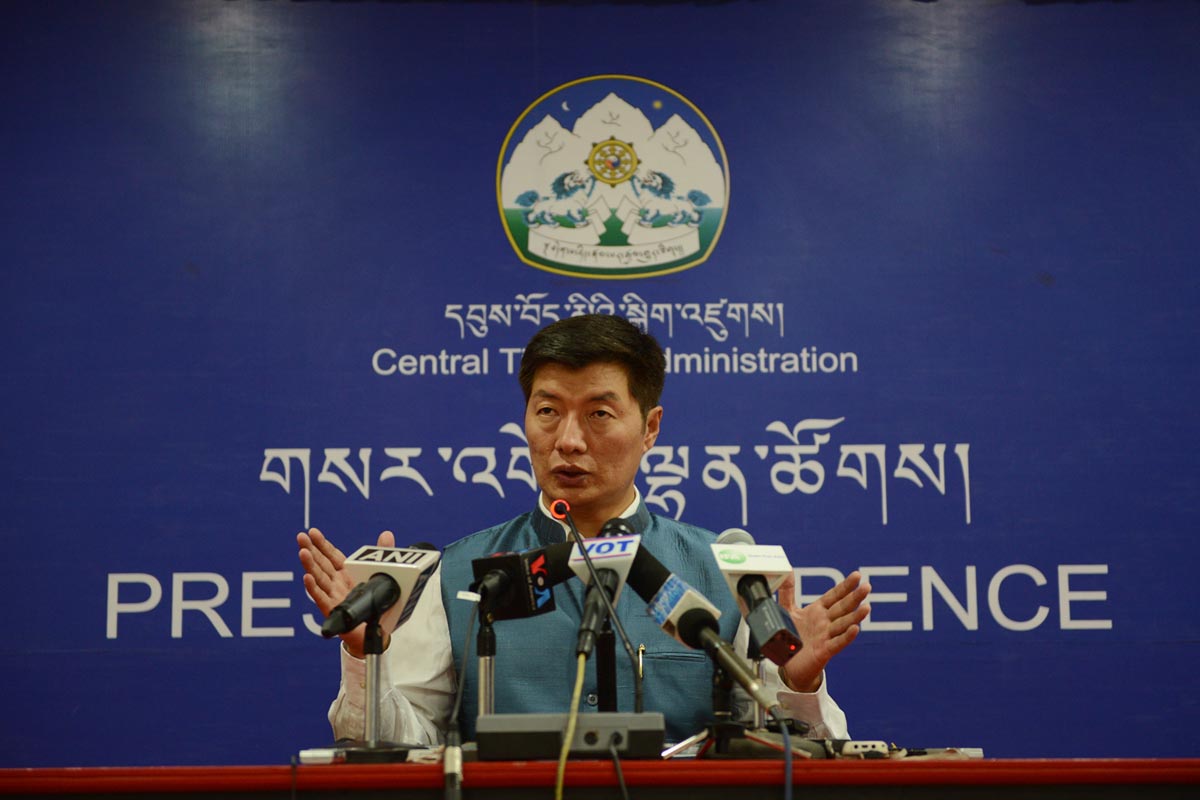 Sikyong Lobsang Sangay speaks during a press conference in Dharamshala, India, on 25 April 2016.