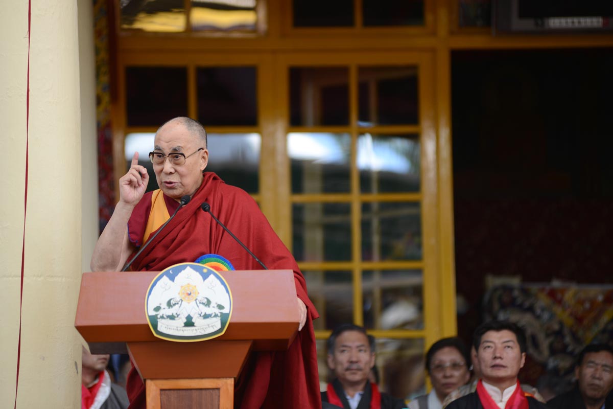 Tibetan Spiritual leader the Dalai Lama speaks during the swearing-in ceremony of re-elected Sikyong (Prime Minister of the Central Tibetan Administration) Lobsang Sangay at the Tsuglakhang Temple in McLeod Ganj, India, on 27 May 2016.