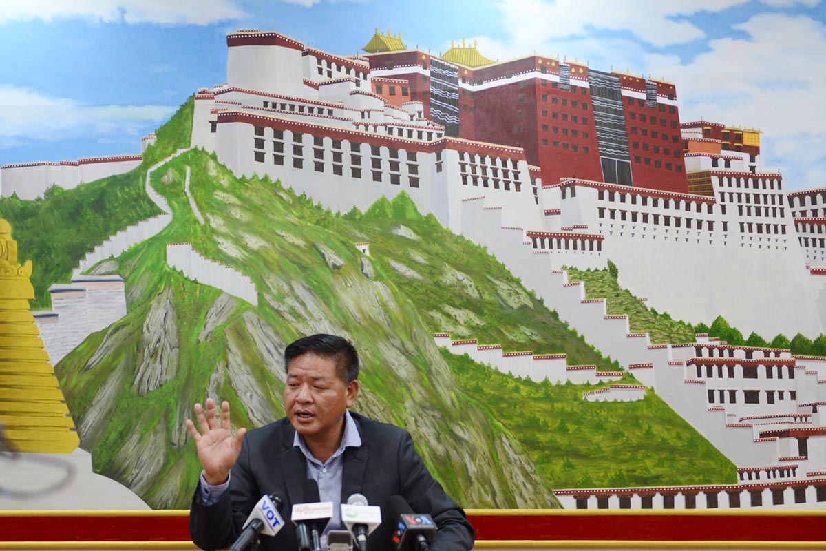Penpa Tsering, Speaker of the Tibetan Parliament-in-exile and the 2016 Sikyong candidate, gestures during a press conference in McLeod Ganj, India, on 16 March 2016.