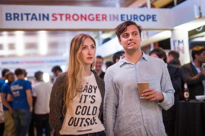 Supporters of the Stronger In Campaign react as results of the EU referendum are announced at the Royal Festival Hall on 24 June 2016 in London, United Kingdom.