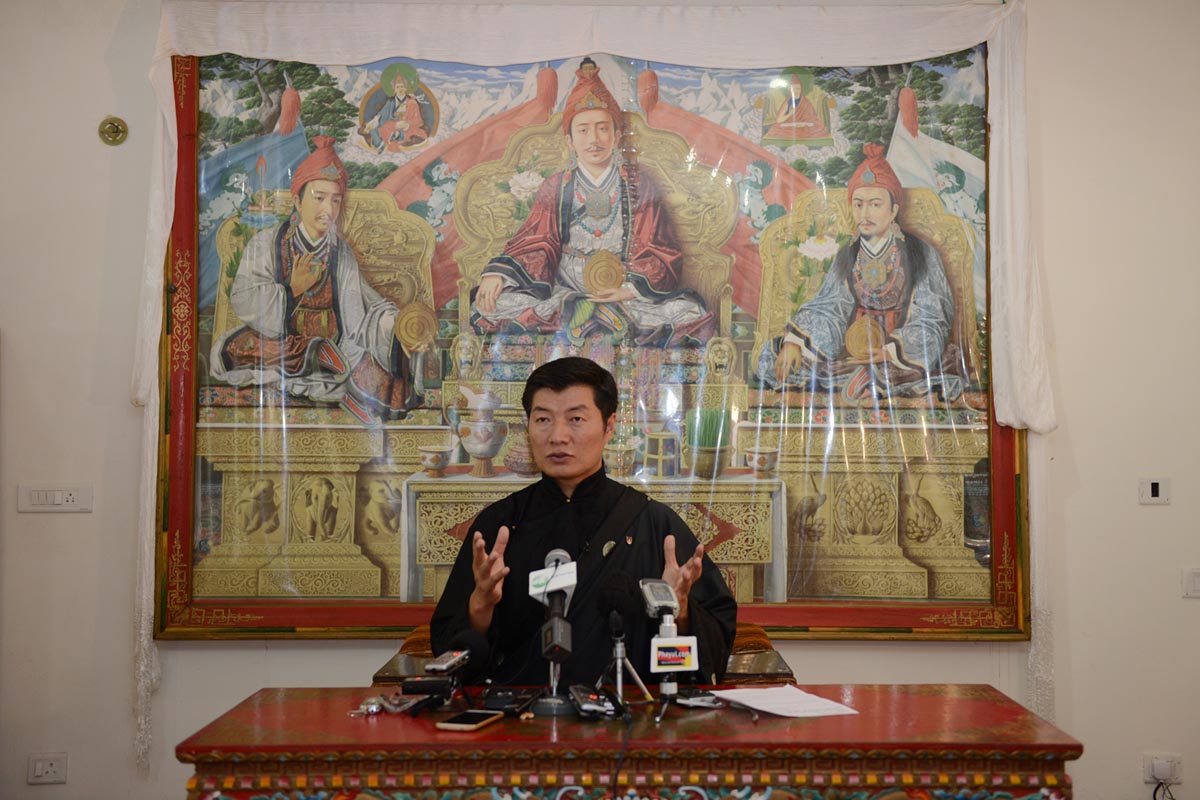 Sikyong Lobsang Sangay speaks during a press briefing at his office in Dharamshala, India, on 18 July 2016.