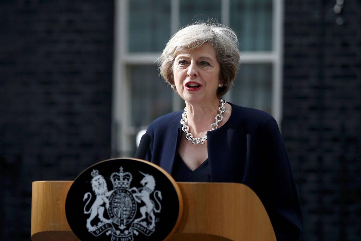 Britain's Prime Minister, Theresa May, speaks to the media outside number 10 Downing Street, in central London, Britain, on 13 July 2016.