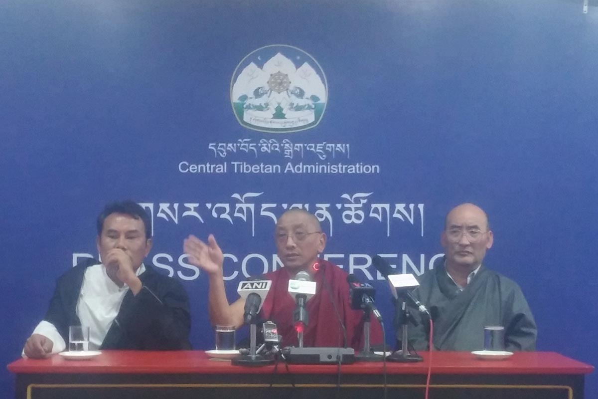Chairman of the Kalachakra organising committee, Kalon Ven Karma Gelek Yuthok, speaks during a press conference in Dharamshala, India, on 25 August 2016. Security Kalon Phagpa Tsering (left) and Health Kalon Choekyong Wangchuk, also attended the press conference.
