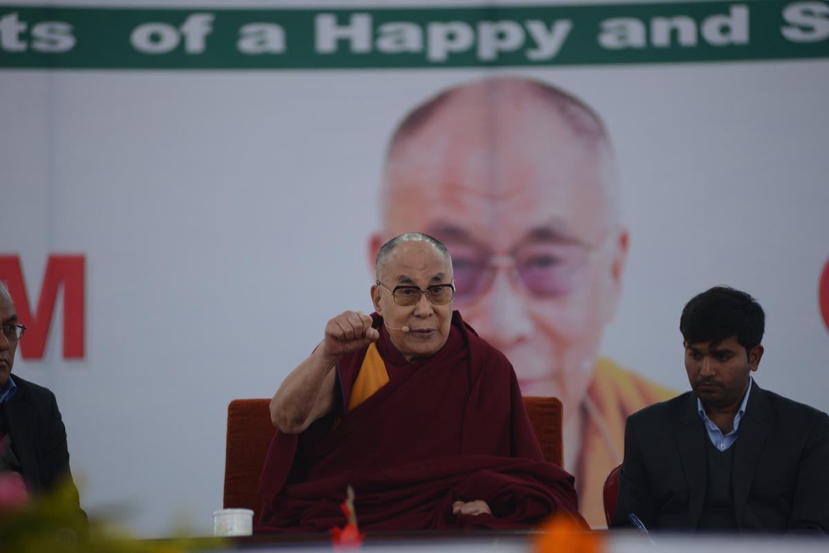 Tibetan Spiritual leader the Dalai Lama gestures as he speaks to 2,000 students in Bodh Gaya, India, on 31 December 2016.