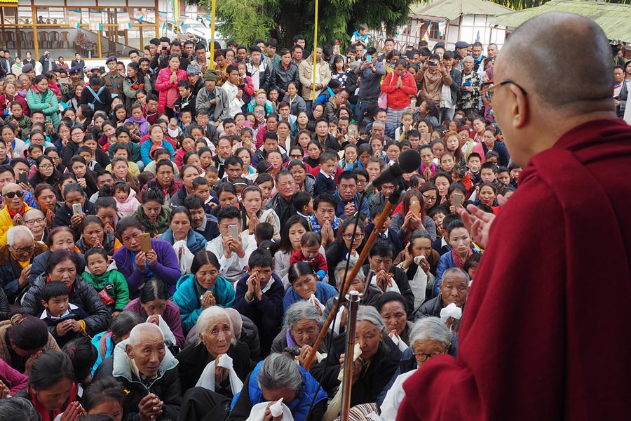 Tibetan spiritual leader Dalai Lama speaking to members of the local community gathered to greet him at Tenzingang Tibetan Settlement in Arunachal Pradesh, India, on 4 April 2017.