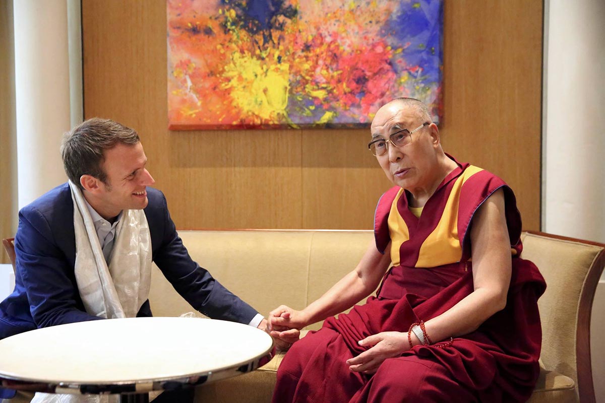 The President-elect of France Emmanuel Macron with Tibetan spiritual leader the Dalai Lama in Paris in September 2016.