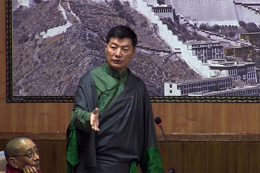 President of Central Tibetan Administration Lobsang Sangay speaks in the Tibetan Parliament-in-exile, in Dharamshala, India, on 23 September 2017. 