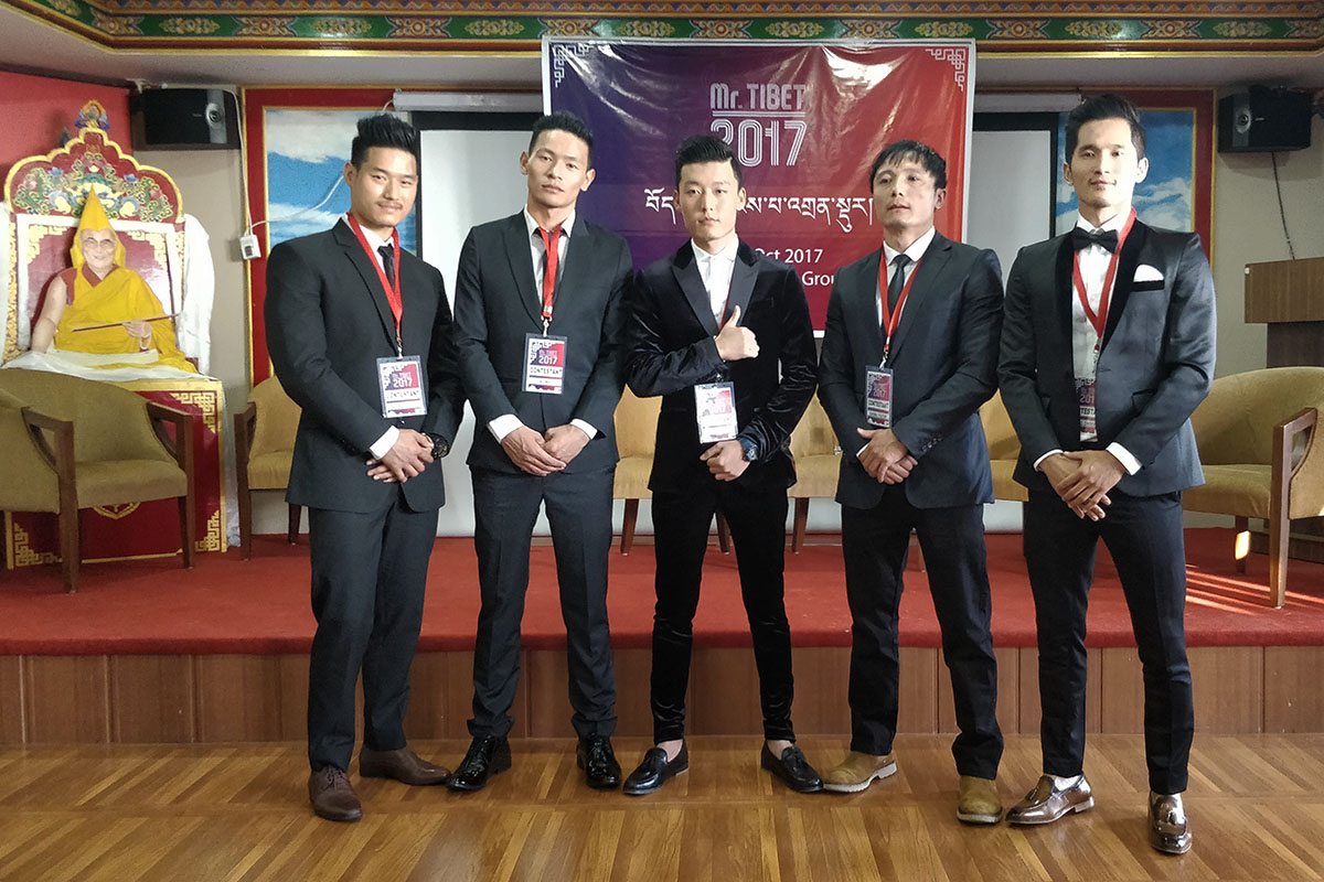 The five contestants in the first Mr Tibet contest pose for a photo after a press conference in McLeod Ganj, India, on 23 October 2017. From Left: Lobsang Choephel, Nyima, Tenzin Lhoden, Karma Thutop, and Tsering Choephel.