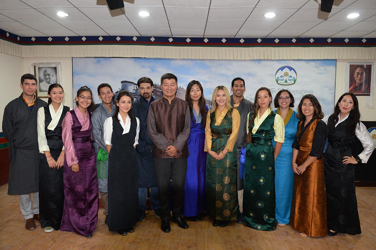 President of the Central Tibetan Administration Lobsang Sangay poses for a photo with the Tibetans of Mixed Heritage as they meet for their third gathering in McLeod Ganj, India, on 12 October 2017.