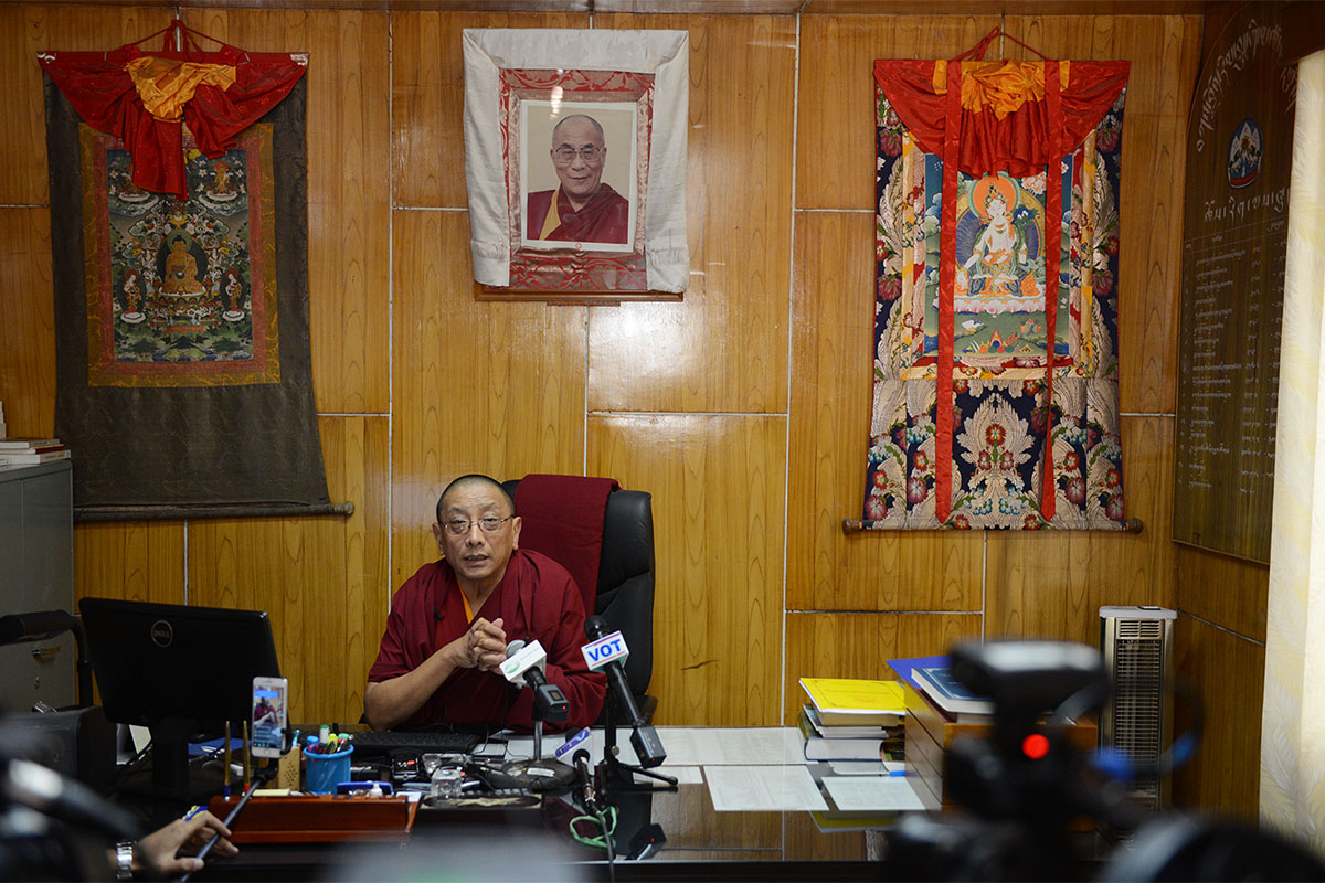 Deputy President and Minister of Culture and Religion Karma Gelek speaks during a press conference at his office in Dharamshala, India, on 9 November 2017.