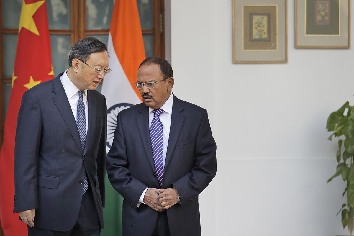 Indian National Security Adviser Ajit Doval, right, talks with Chinese State Councillor Yang Jiechi before their delegation-level meeting in New Delhi, India, on 22 December 2017. Special representatives of India and China hold the 20th round of negotiations on the border issues on Friday. The meeting, which comes four months after the forces of the two sides confronted each other at the Doklam plateau.