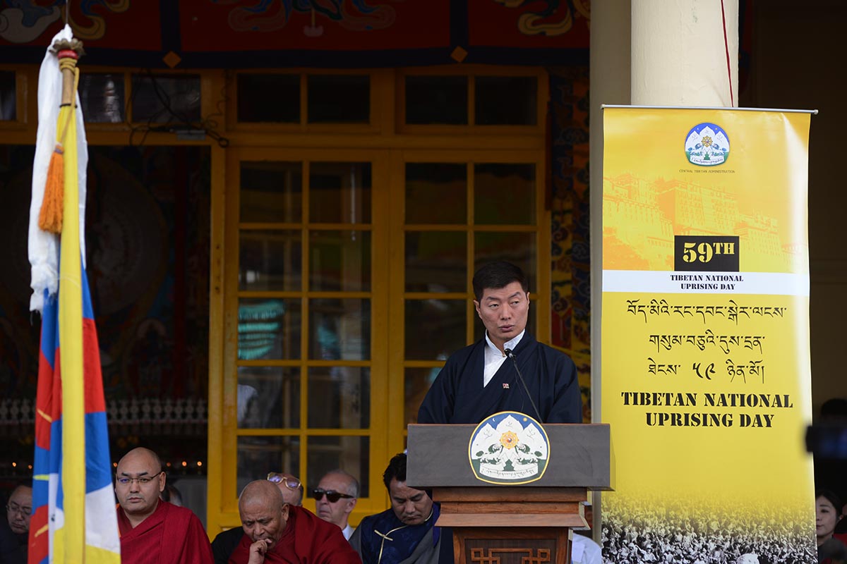 President of the Central Tibetan Administration Lobsang Sangay speaks during the 59th Tibetan Uprising Day at Tsuglakhang temple in McLeod Ganj, India, on 10 March 2018.