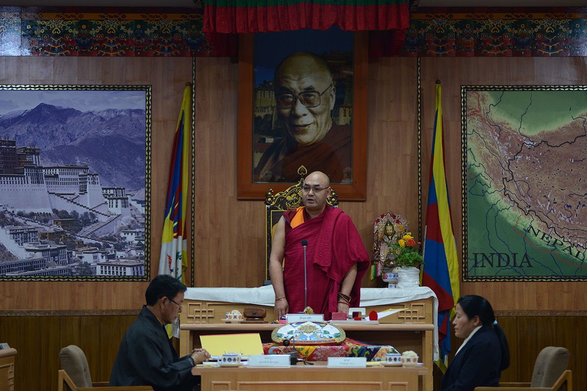 Speaker of the Tibetan Parliament-in-Exile Khenpo Sonam Tenphel delivering the opening remarks of the 5th session of the 16th Tibetan Parliament in Dharamshala, India, on 14 March 2018.