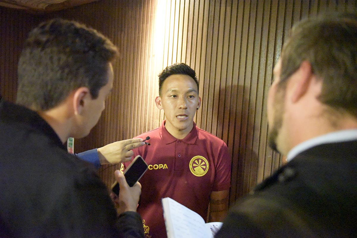 Tibetan National Football Team captain Karma Tsewang speaks to journalists during a press conference in London, UK, on 30 May 2018.