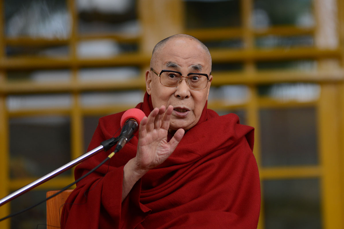 Tibetan Spiritual leader the Dalai Lama speaks during a meeting with tourists at Tsuglakhang temple in McLeod Ganj, India, on 16 April 2018.