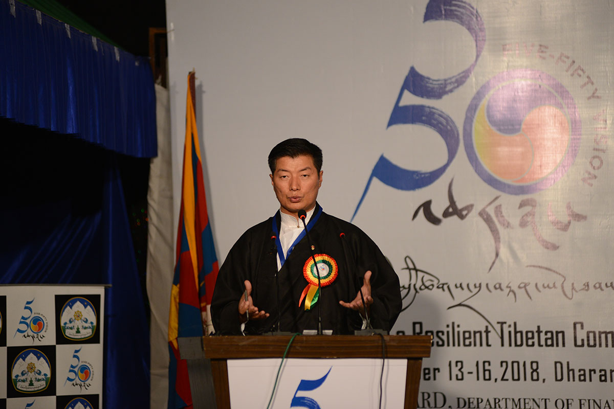 Central Tibetan Administration President Lobsang Sangay speaks during the opening of the 5-50 Vision Conference in Dharamshala, India, on 13 September 2018.