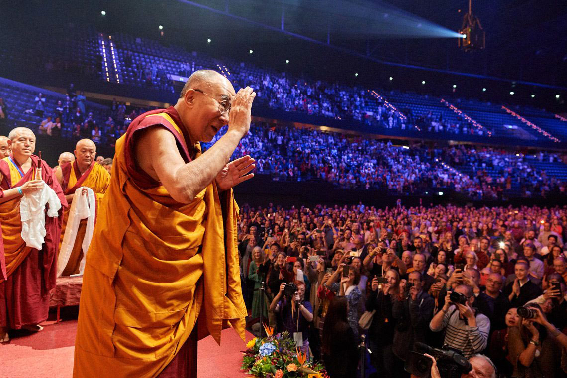 Tibetan spiritual leader the Dalai Lama greets the audience in Ahoy Convention Centre in Rotterdam, the Netherlands, on 17 September 2018.