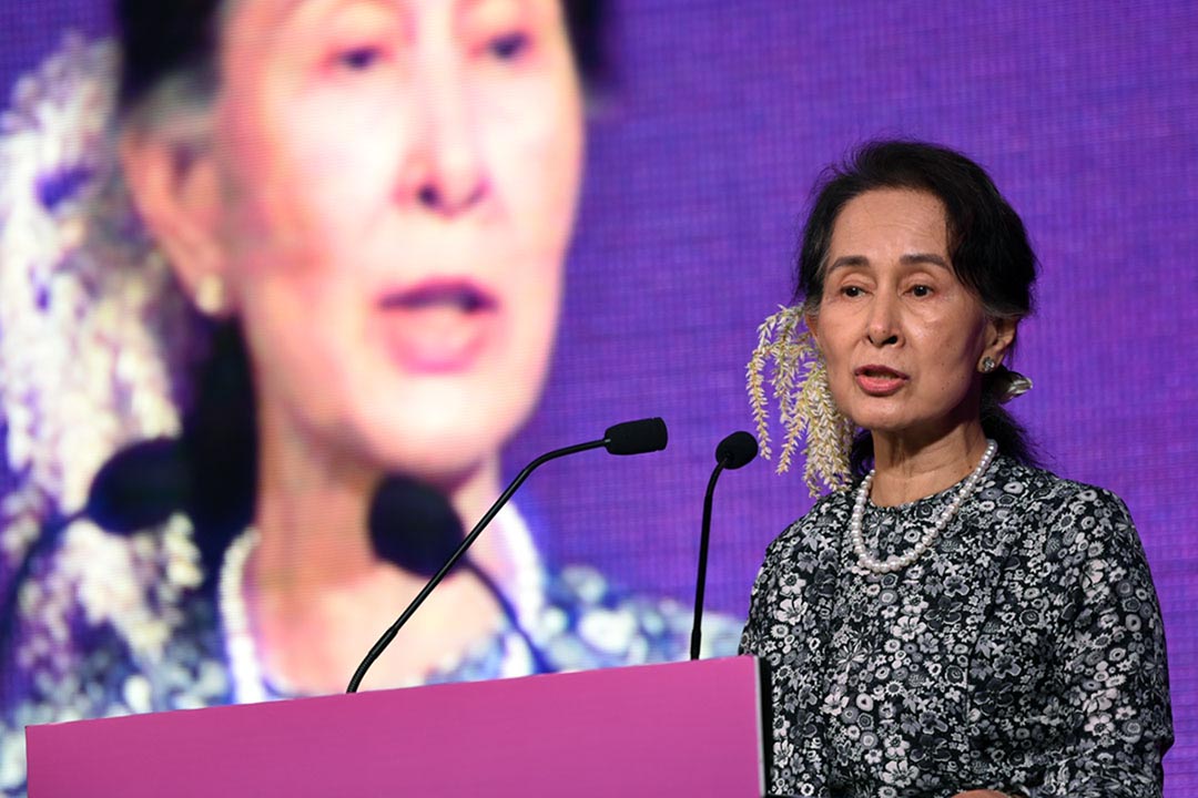 Aung San Suu Kyi has been accused of ignoring the murder, torture and rape of Rohingya Muslims in Myanmar.
Myanmar State Counsellor Aung San Suu Kyi speaks at a business forum on the sidelines of the 33rd Association of Southeast Asian Nations (ASEAN) summit in Singapore on 12 November 2018. 