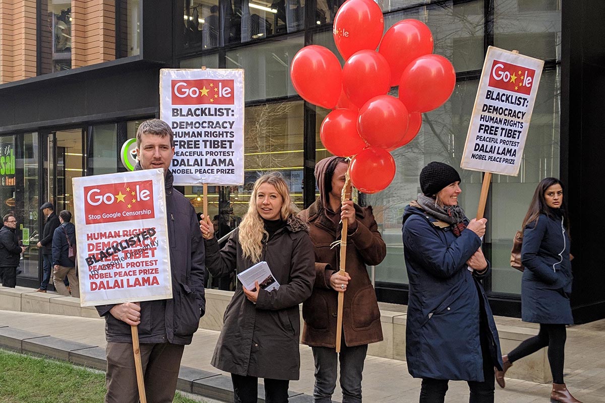Activists protest outside the London office of Google telling them to drop project Dragonfly - a new search engine that would help China's repressive regime in Tibet and elsewhere, on 18 January 2019.