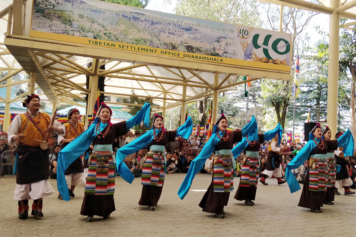 Artistes of the Tibetan Institute of Performing Arts perform during an event at Tsuglakhang in McLeod Ganj, India, on 10 September 2017.