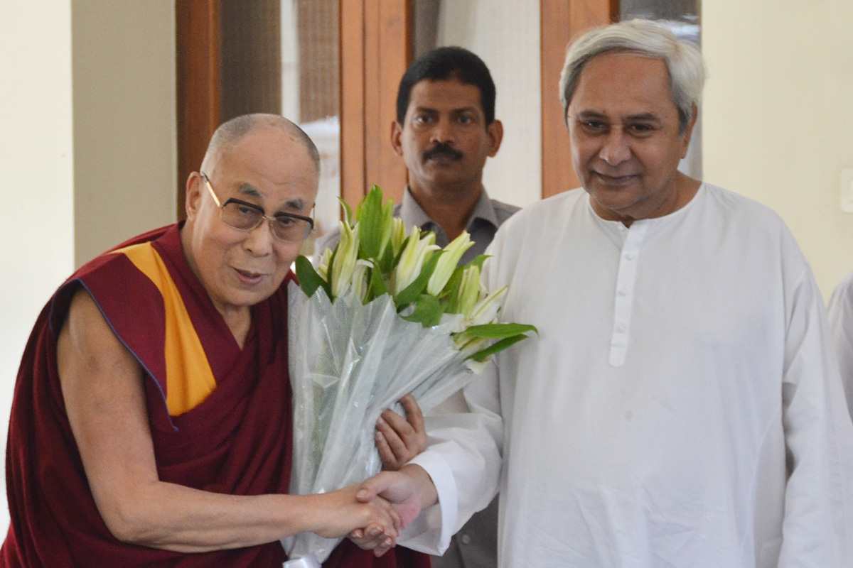 Tibetan spiritual leader the Dalai Lama with Chief Minister of Odisha Naveen Patnaik at the latter’s residence during his visit to Bhubaneswar on 20 November 2017.