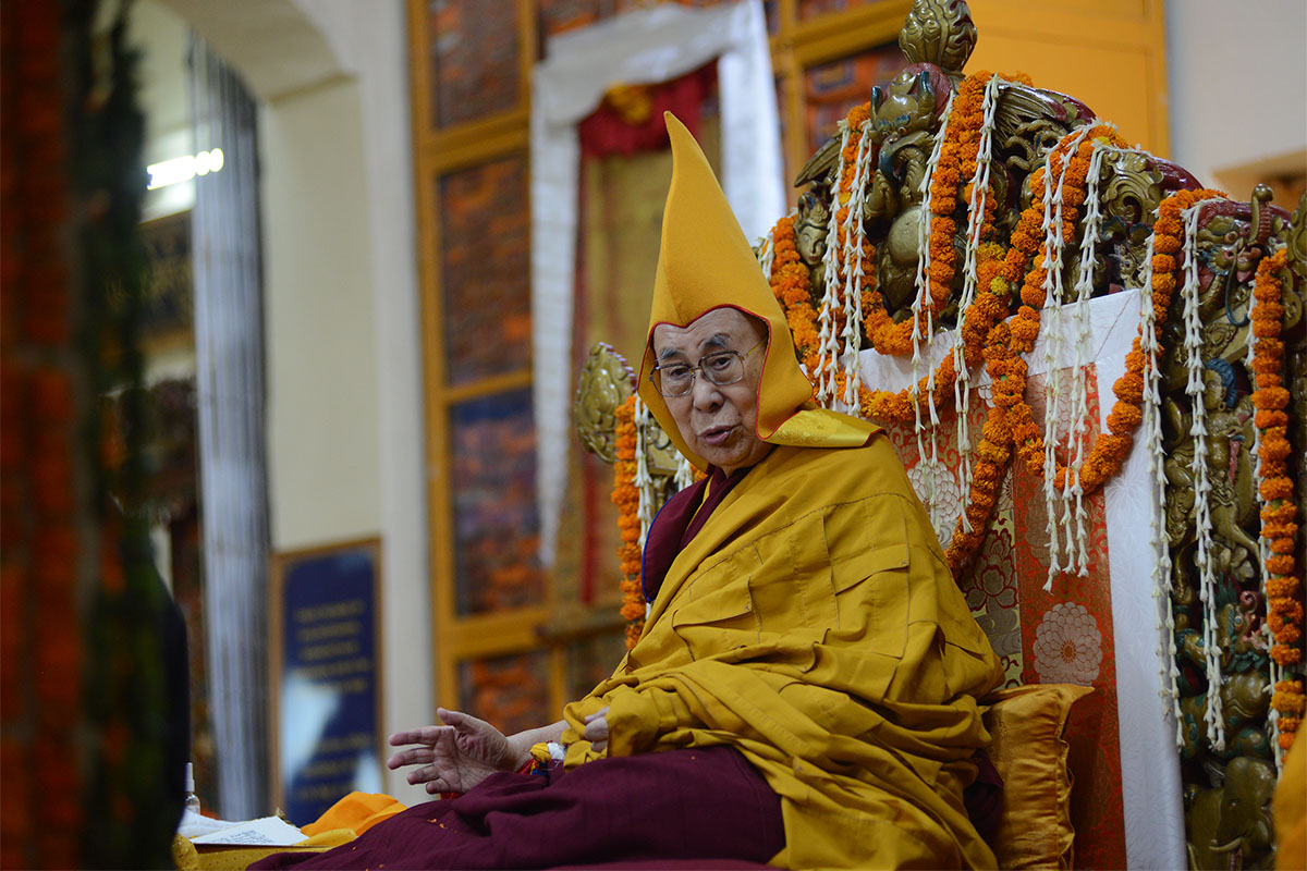 Tibetan spiritual leader the Dalai Lama gestures during a long life offering for him at his temple in McLeod Ganj, India, on 17 May 2019. He is healthy now, and hoping to live for more than 110 years.