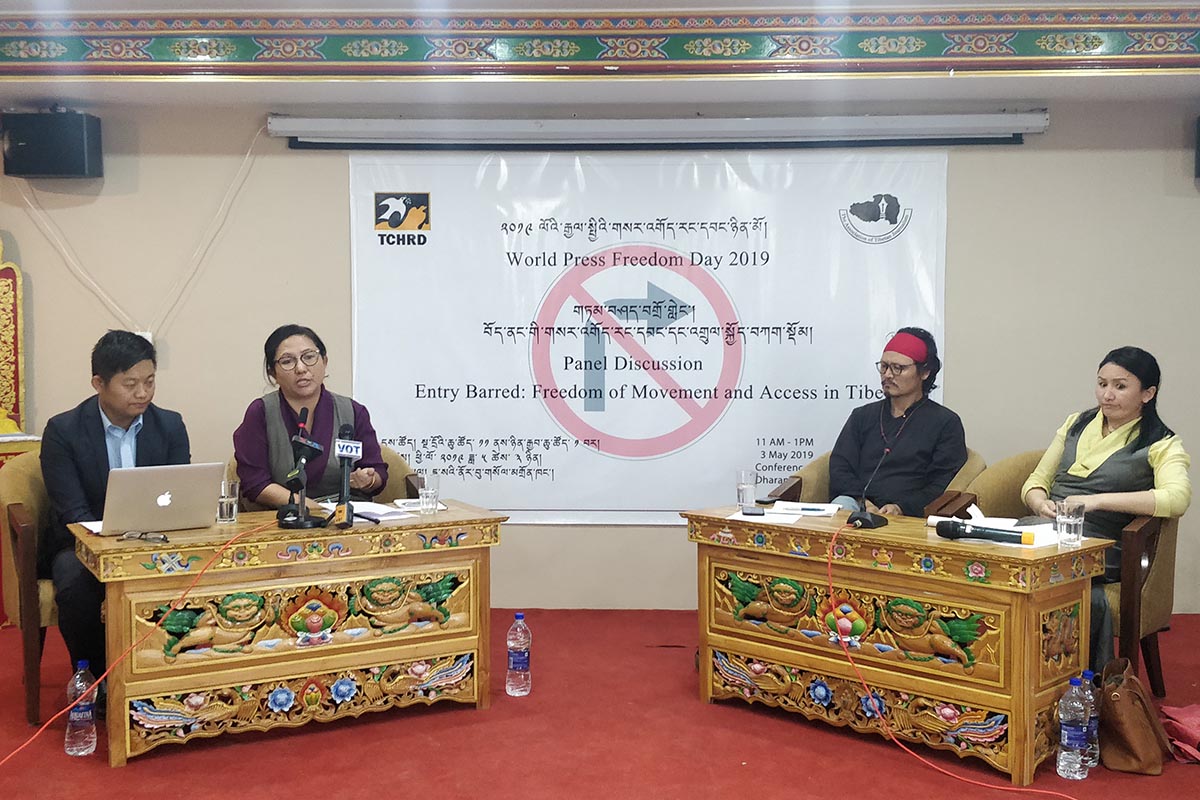 Tibetan journalists observe World Press Freedom Day in McLeod Ganj, India, on 3 May 2019. From left: Tenzin Dalha, Research Fellow at the Tibet Policy Institute, Tenzin Paldon, Editor of Voice of
Tibet Radio, Tenzin Tsundue, Writer and Activist, and Pema Tso, Editor of Tibet Times newspaper.